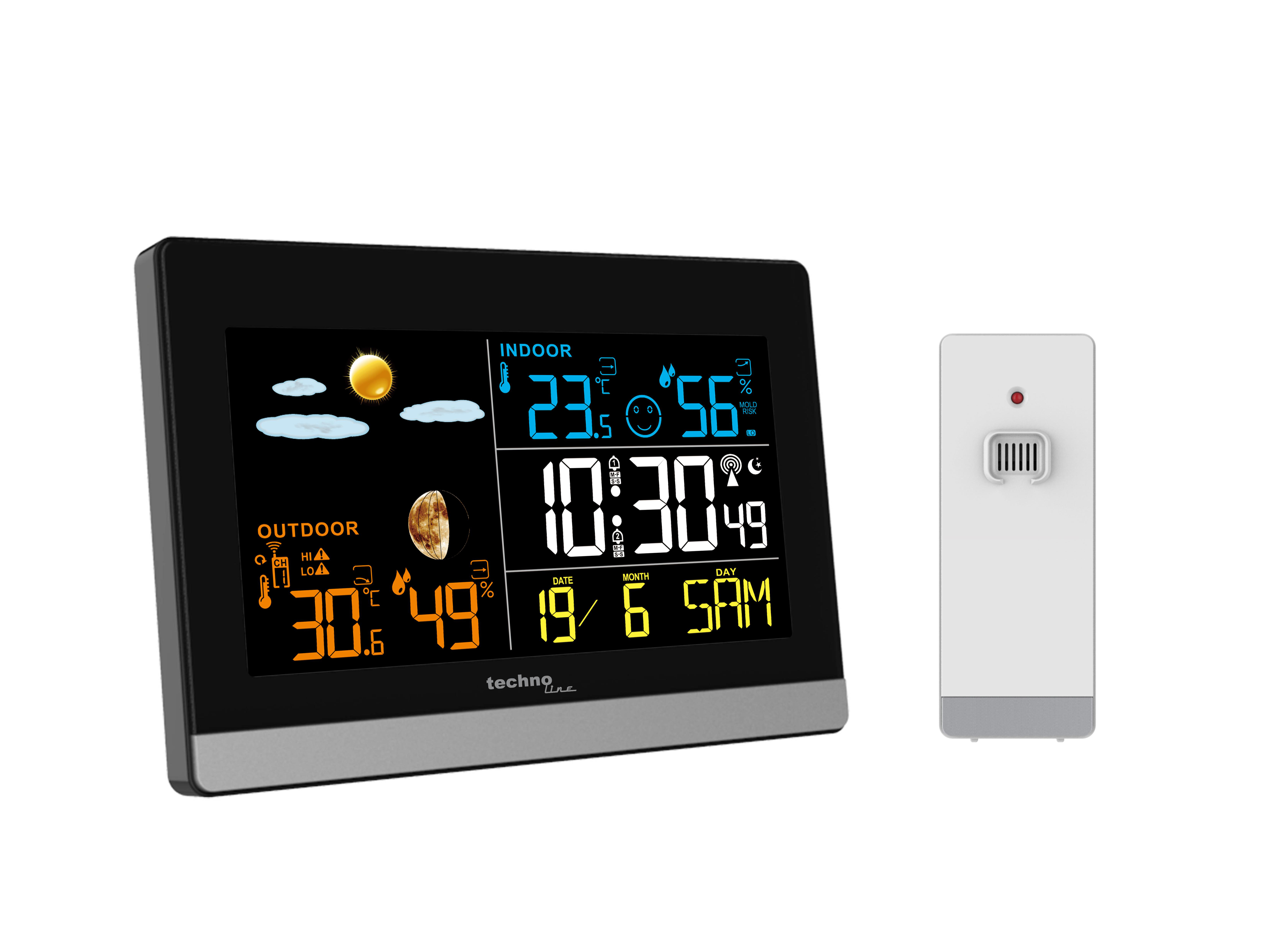 Eine Wetterstation mit Digitalanzeige, die Innen- und Außenbedingungen anzeigt.