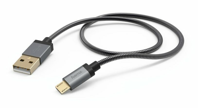 Czarny i szary kabel USB, zwinięty na białym tle.