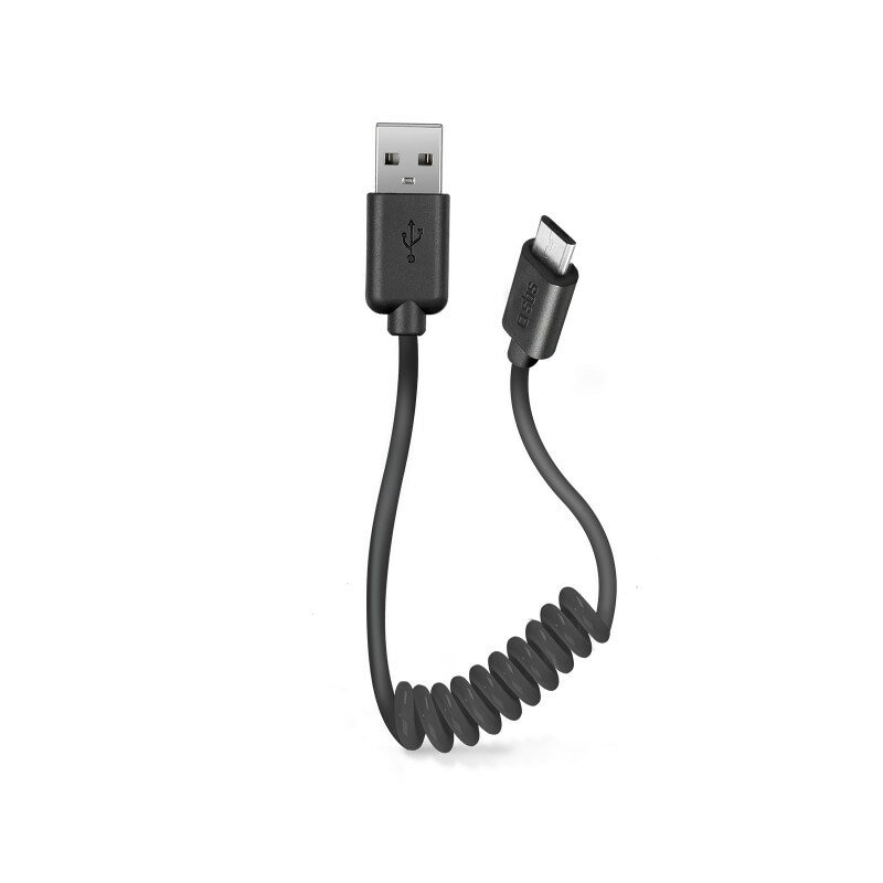 Czarny kabel USB do USB-C w spirali na białym tle.