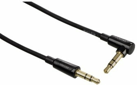 Czarny kabel audio z dwoma złączami jack 3,5 mm na każdym końcu na białym tle.