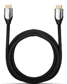 Czarny kabel HDMI ze srebrnymi złączami. Czarne tło.