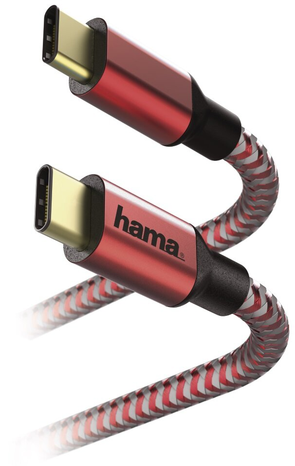 Czerwony i srebrny kabel USB-C. Końcówki są złote. Widoczne logo Hama.