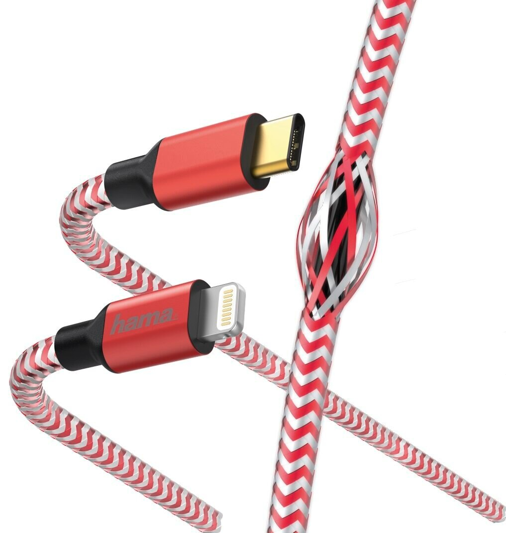 Czerwono-białe kable ładujące w paski z różnymi złączami: USB-C i Lightning.