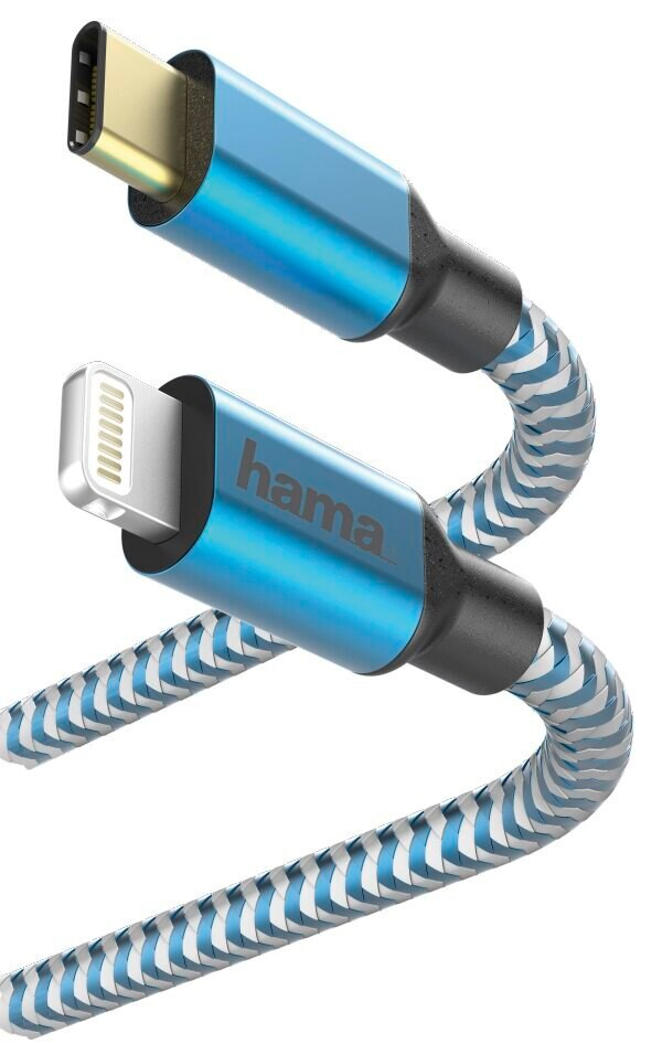Niebiesko-biały kabel USB-C do Lightning w paski. Czarne złącza z napisem 'hama'.