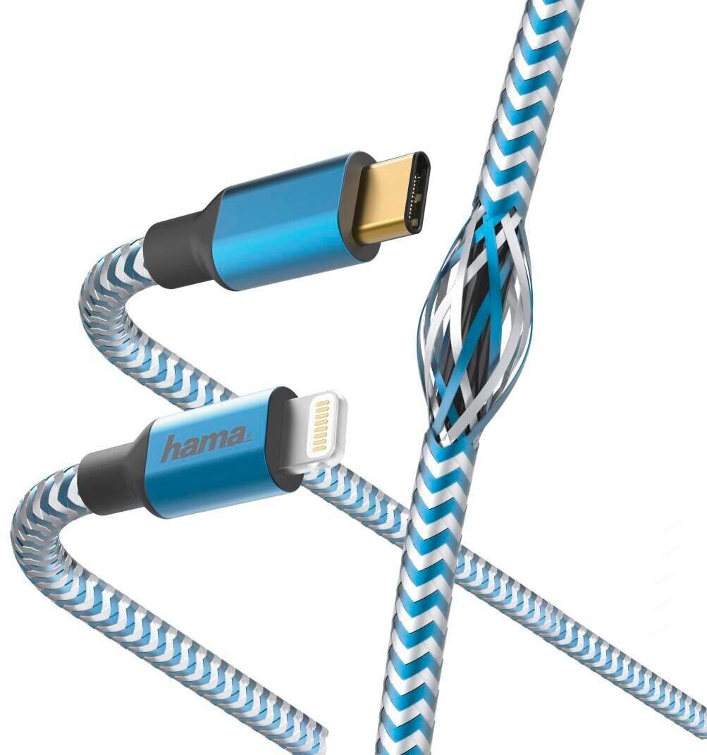 Kable USB Hama: USB-C i Lightning, z niebiesko-białym wzorem zygzaka.