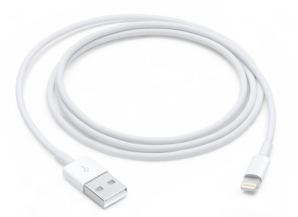 Biały kabel USB do Lightning. Końcówka USB jest prostokątna, Lightning mała.