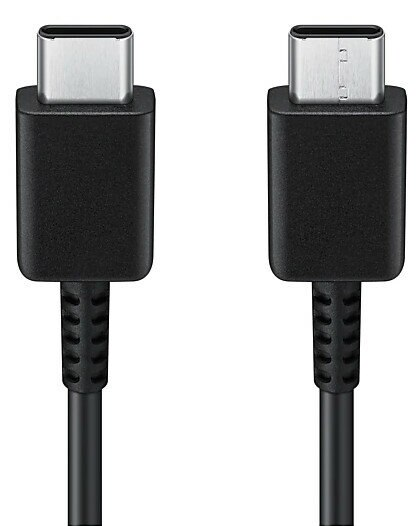 Dwa czarne kable ładujące USB-C są wyświetlane obok siebie. Każdy ma srebrną końcówkę złącza i czarny kabel.