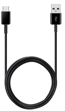 Czarny kabel USB-C do USB-A, z czarnymi złączami i symbolem USB-A na białym tle.
