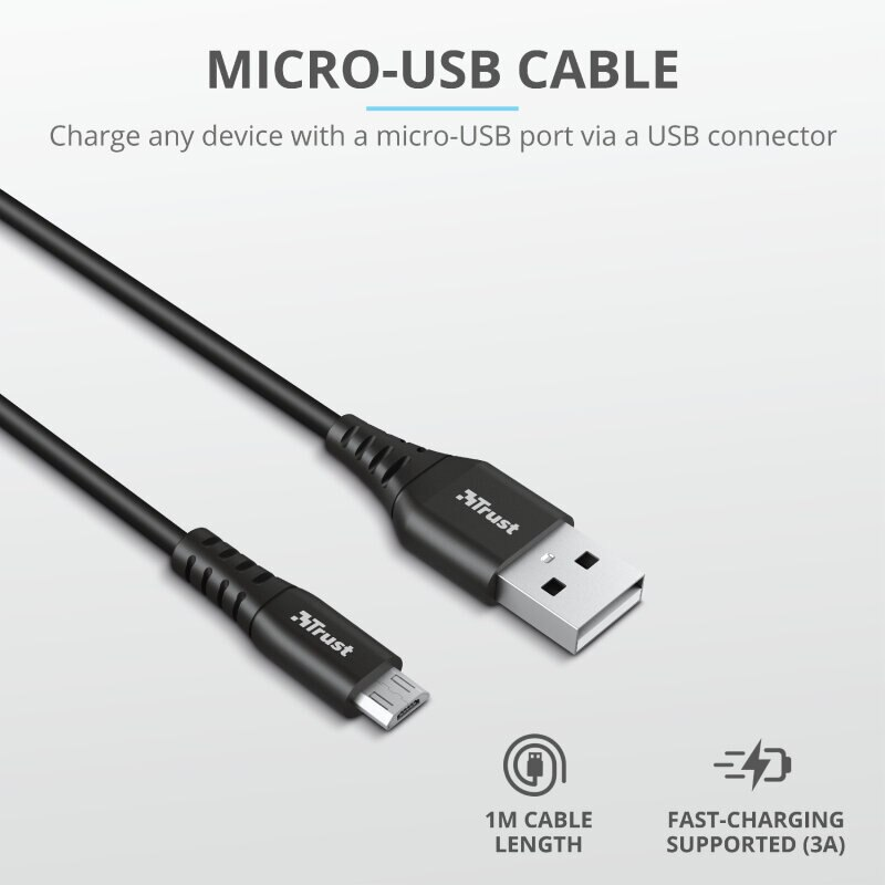 Czarny kabel Micro-USB ze złączem USB-A. Długość 1M, szybkie ładowanie (3A).
