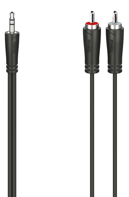 Dwa czarne kable audio: jeden z gniazdem 3,5 mm i dwa złącza RCA.