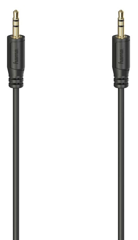 Czarny kabel audio z dwoma wtykami 3,5 mm. 'hama' jest nadrukowane na obudowach wtyków.