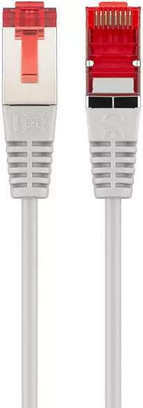 Dwa białe kable sieciowe z czerwonymi złączami RJ45 na białym tle.