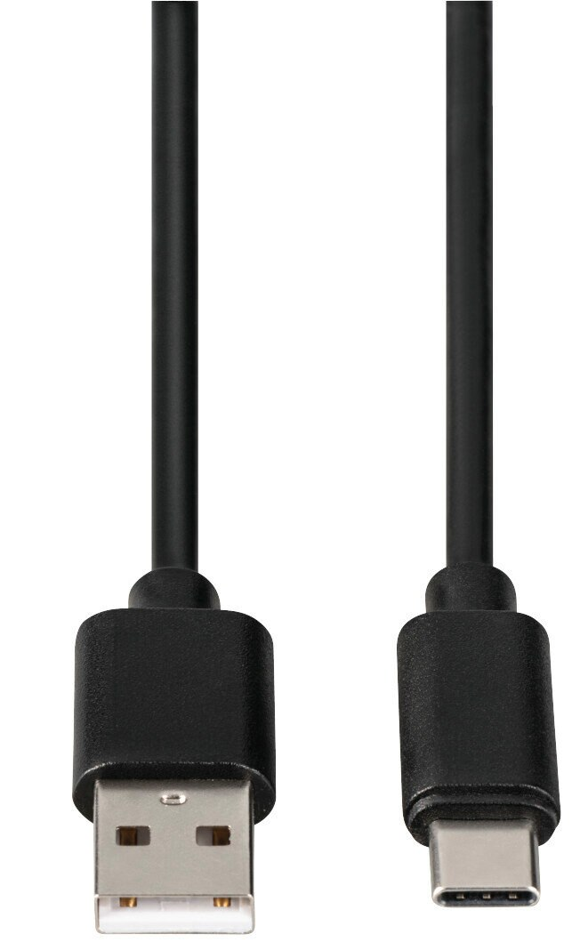 Dwa czarne kable USB ze złączami USB i USB-C, białe tło.