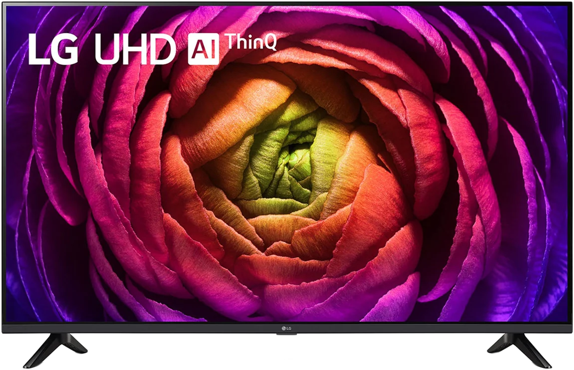 LG UHD AI ThinQ TV színes virág képpel a képernyőn, fekete kerettel és lábakkal.