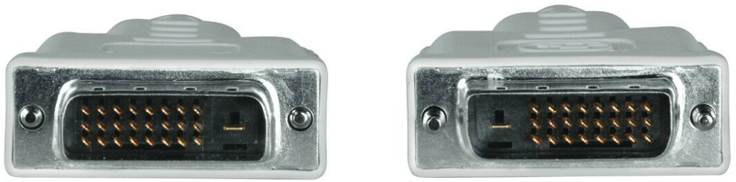 Dwa złącza DVI, srebrne, z widocznymi pinami.