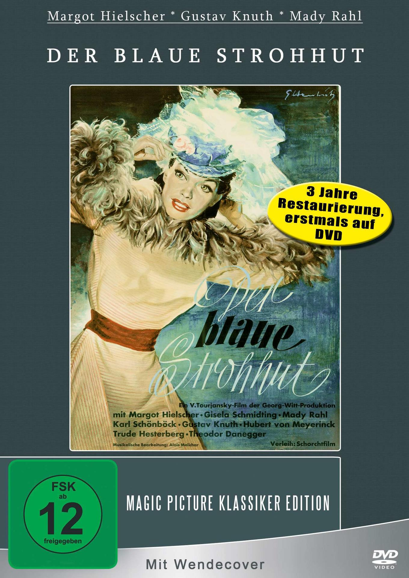 DVD-Cover des Films 'Der Blaue Strohhut'. Frau mit Hut. Hintergrund ist Vintage.