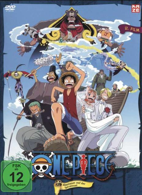 DVD-Cover mit Anime-Charakteren auf einem Boot. Titel: One Piece, mit japanischem Text und Logo.