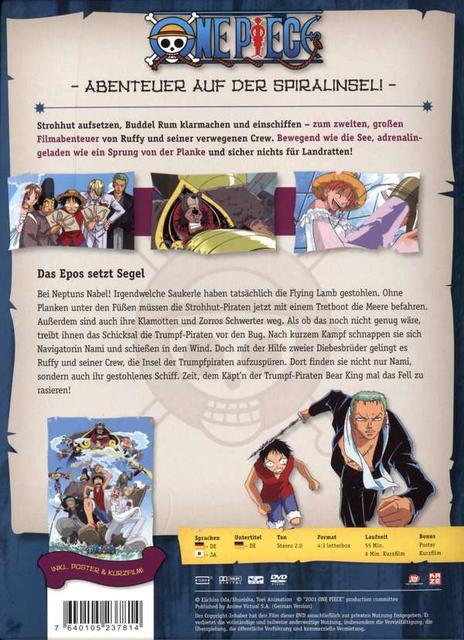Rückseite einer One Piece DVD. Zeigt Bilder von Charakteren und Text auf Deutsch.