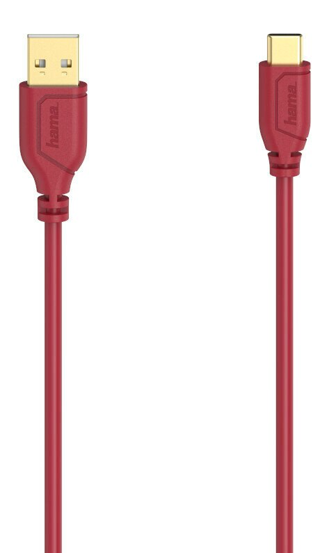 Czerwony kabel USB do USB-C z czerwonymi złączami. Widoczna nazwa marki HAMA.