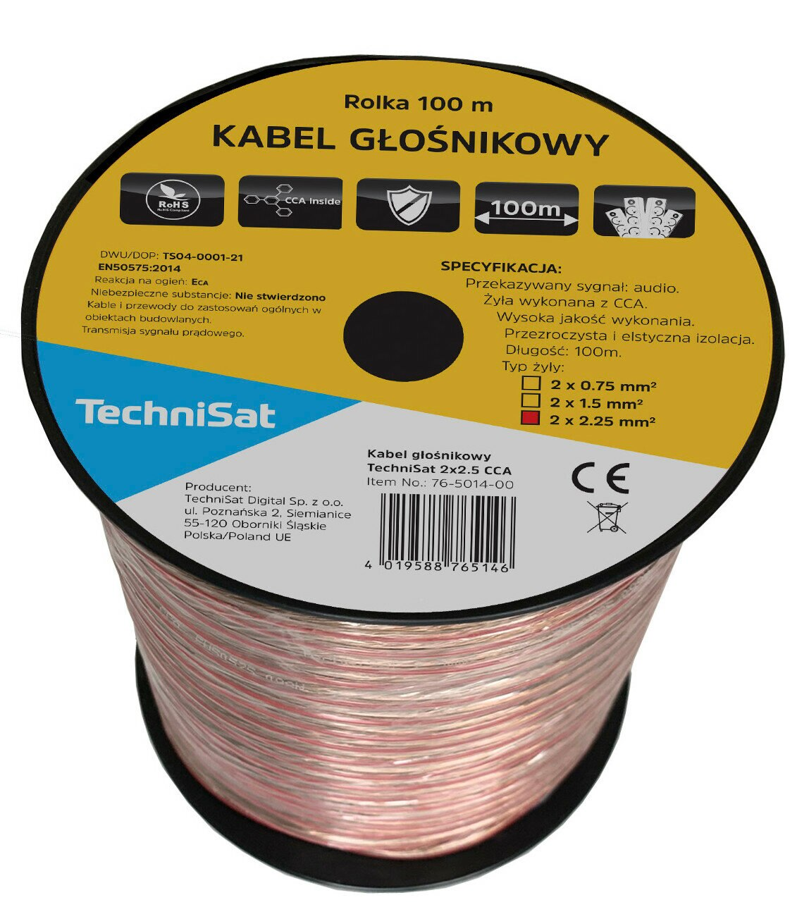 Czarna szpula kabla głośnikowego z widocznym czerwono-białym przewodem.