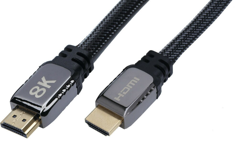 Dwa kable HDMI ze złączami na obu końcach. Jeden kabel jest oznaczony jako '8K', drugi 'HDMI'.