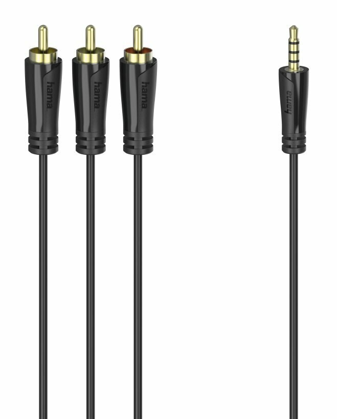 Czarne kable audio z 3 złączami RCA i złączem jack 3,5 mm.