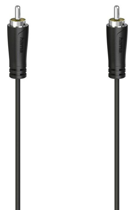 Dwa czarne kable RCA z czarnymi złączami. Białe tło.