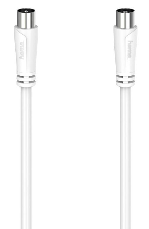 Dwa białe kable antenowe ze srebrnymi złączami. Białe tło.