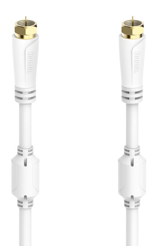 Biały kabel koncentryczny ze złotymi złączami i marką 'hama' na białym tle.