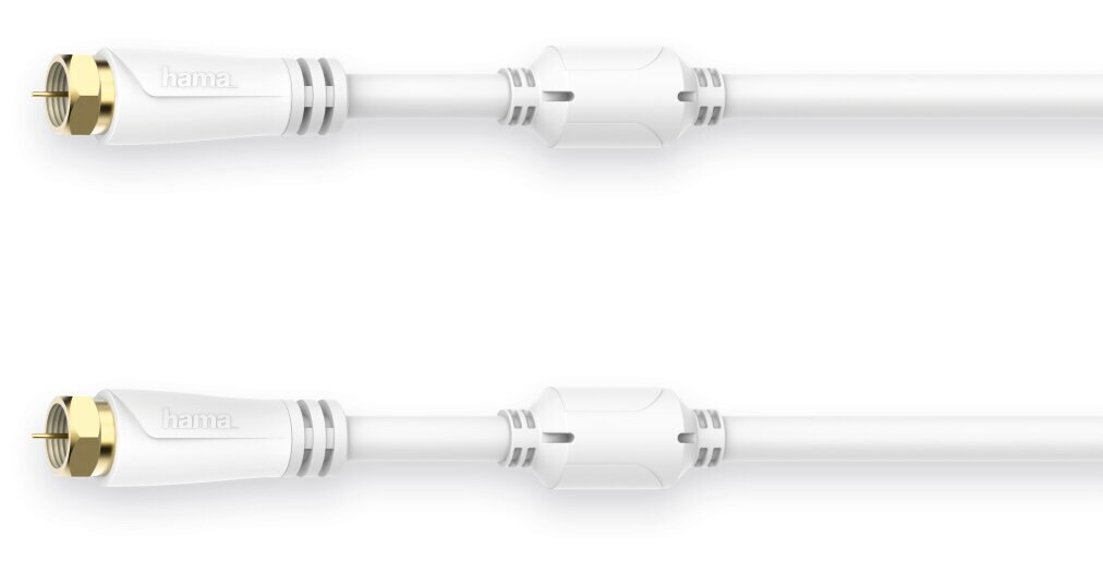 Dwa białe kable koncentryczne ze złotymi złączami. Logo "hama" na jednym złączu.