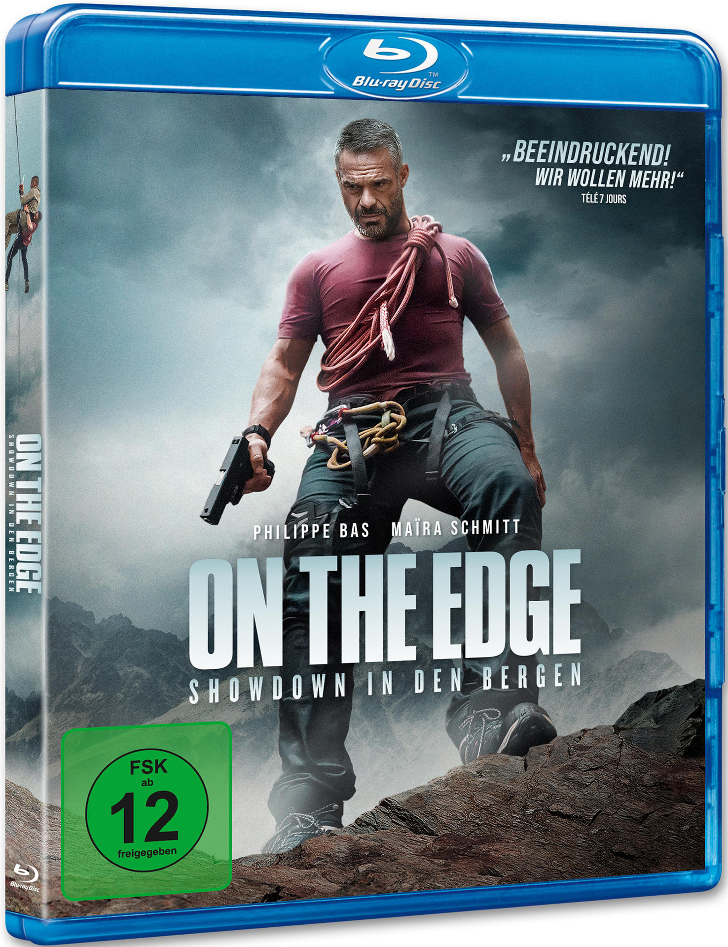 Mann in rotem Hemd auf einem Berg, mit einer Waffe. Filmtitel 'On the Edge' und Bewertungsetikett sind sichtbar.