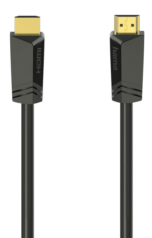 Dwa czarne kable HDMI ze złotymi złączami na białym tle.