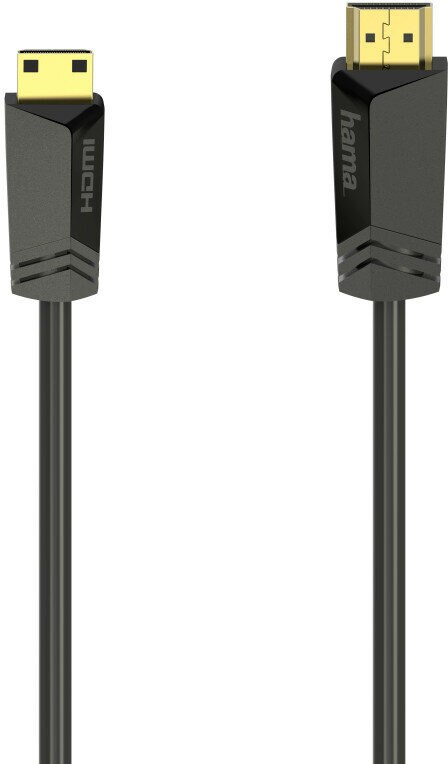 Czarny kabel HDMI ze złączami HDMI na obu końcach. Białe tło.