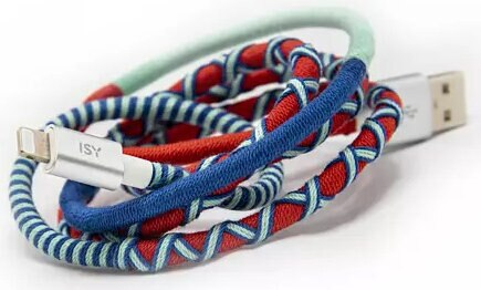 Pleciony kabel USB. Czerwone, niebieskie i zielone nici. Złącza Lightning i USB.