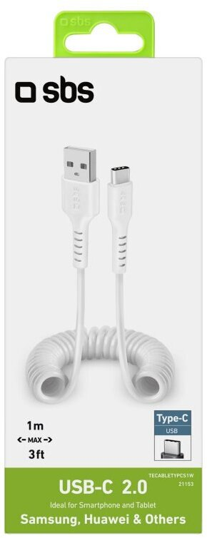 Biały kabel USB-C ze spiralną konstrukcją i białymi złączami.
