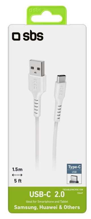 Biały kabel USB-C w opakowaniu ze złączami USB-C i USB 2.0.