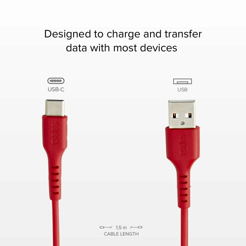 Dwa czerwone kable USB, jeden USB-C i jeden USB, na białej powierzchni, z tekstem.