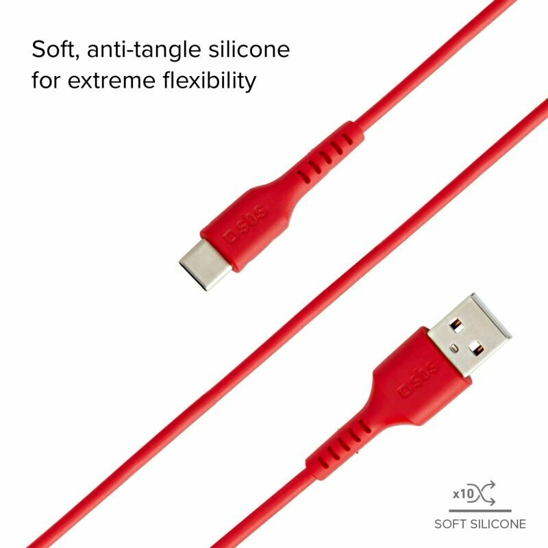 Czerwony kabel USB-C ze złączem USB-A, opisywany jako miękki i elastyczny.