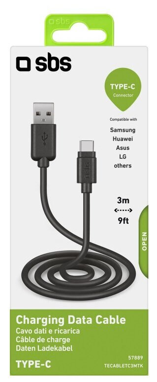 Czarny kabel do ładowania, USB do Type-C, na białej karcie z informacją o kompatybilności.