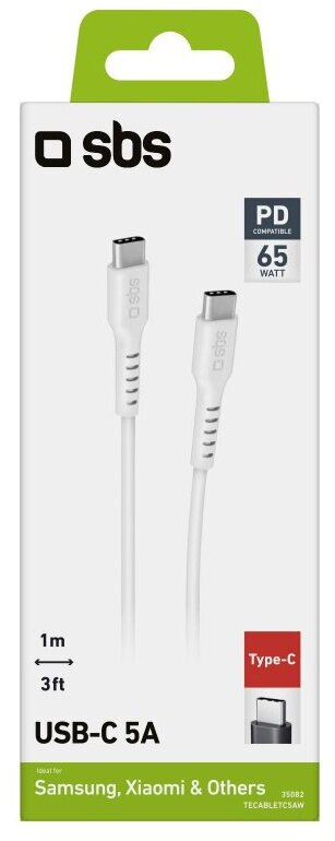 Biały kabel USB-C w opakowaniu, Typ-C, 5A, 1m/3ft, idealny do Samsung, Xiaomi. Czarno-biały tekst.