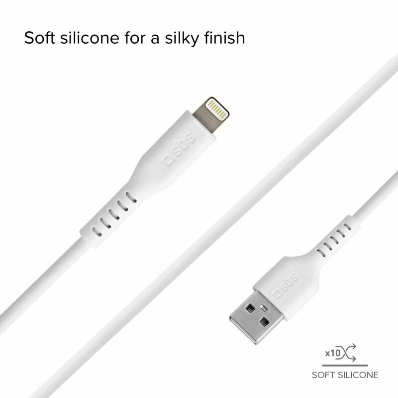 Biały kabel ładujący ze złączami USB i Lightning. Tekst: 'Miękki silikon dla jedwabistego wykończenia'.