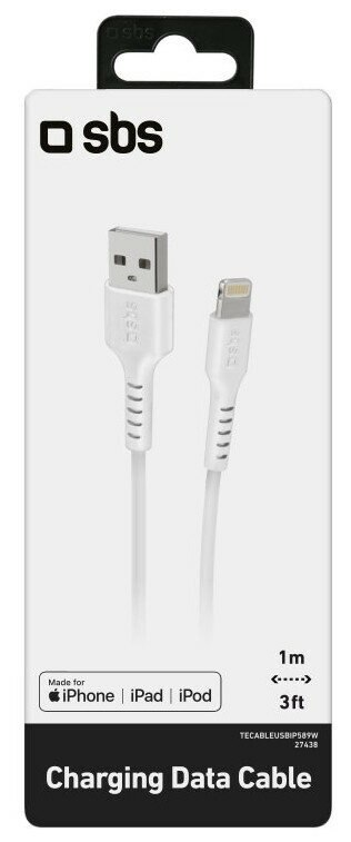 Biały kabel ładujący w czarno-białym opakowaniu.