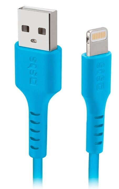 Niebieski kabel USB do Lightning. Kabel ma niebieski korpus.