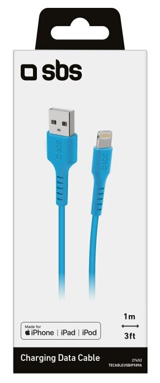 Niebieski kabel do ładowania danych ze złączami USB i lightning, zapakowany w pudełko.