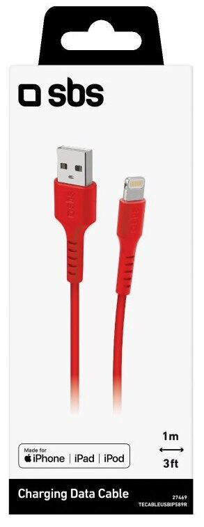 Czerwony kabel ładujący do iPhone/iPad/iPod. Oznaczony jako 1m/3ft długości. Białe tło, czarne opakowanie.