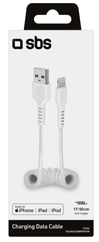 Biały kabel do ładowania danych z wtyczką Lightning i USB, w białym pudełku.