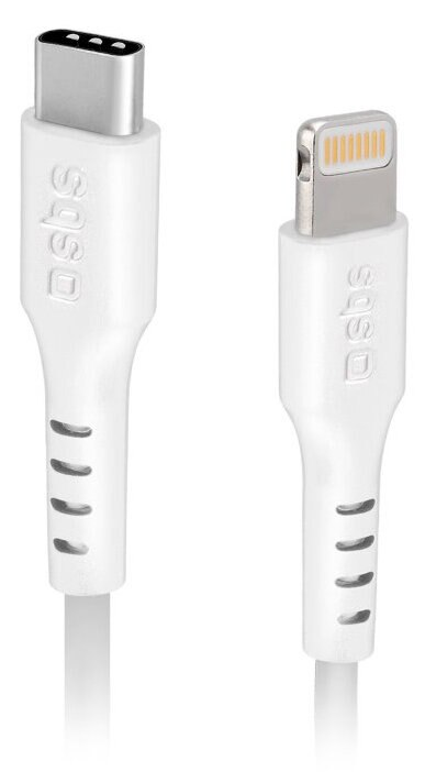 Dwa białe kable ładujące z różnymi złączami: USB-C i Lightning.