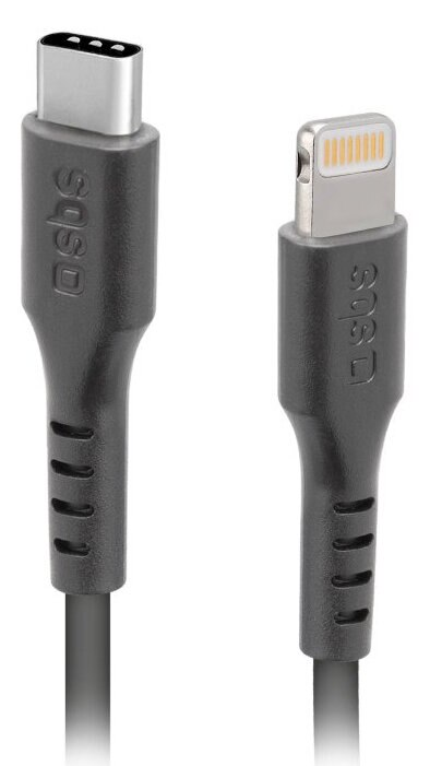 Czarny kabel ładujący ze złączami USB-C i Lightning. Nazwa marki 'sbs' jest widoczna na obu końcach.