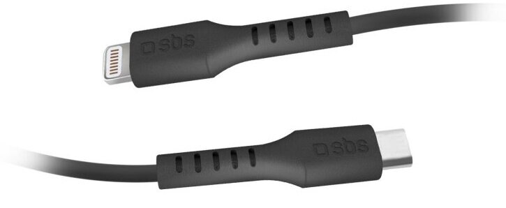 Czarny kabel USB-C do Lightning. Widoczne złącza Lightning i USB-C.