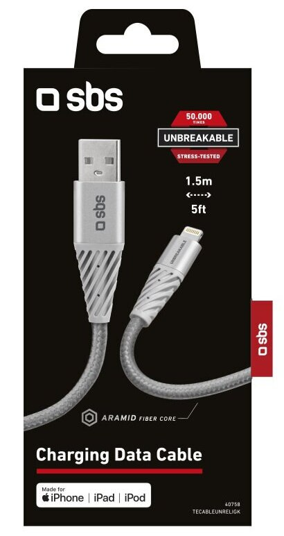 Kabel do ładowania danych w pudełku. Kabel jest szary i biały z wtyczkami USB i Lightning.